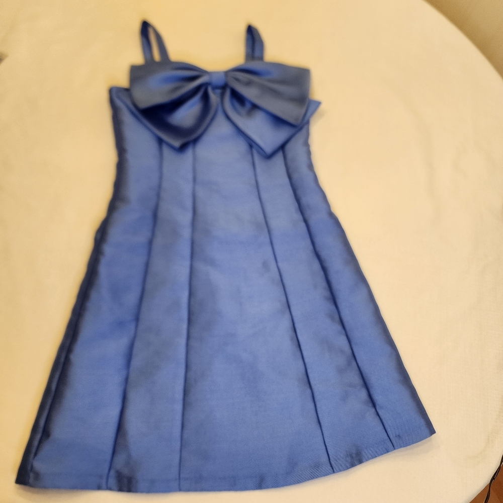 Rare Editions Blue Sleeveless Dress with Large Neckline Bow, Girls Sz 10
